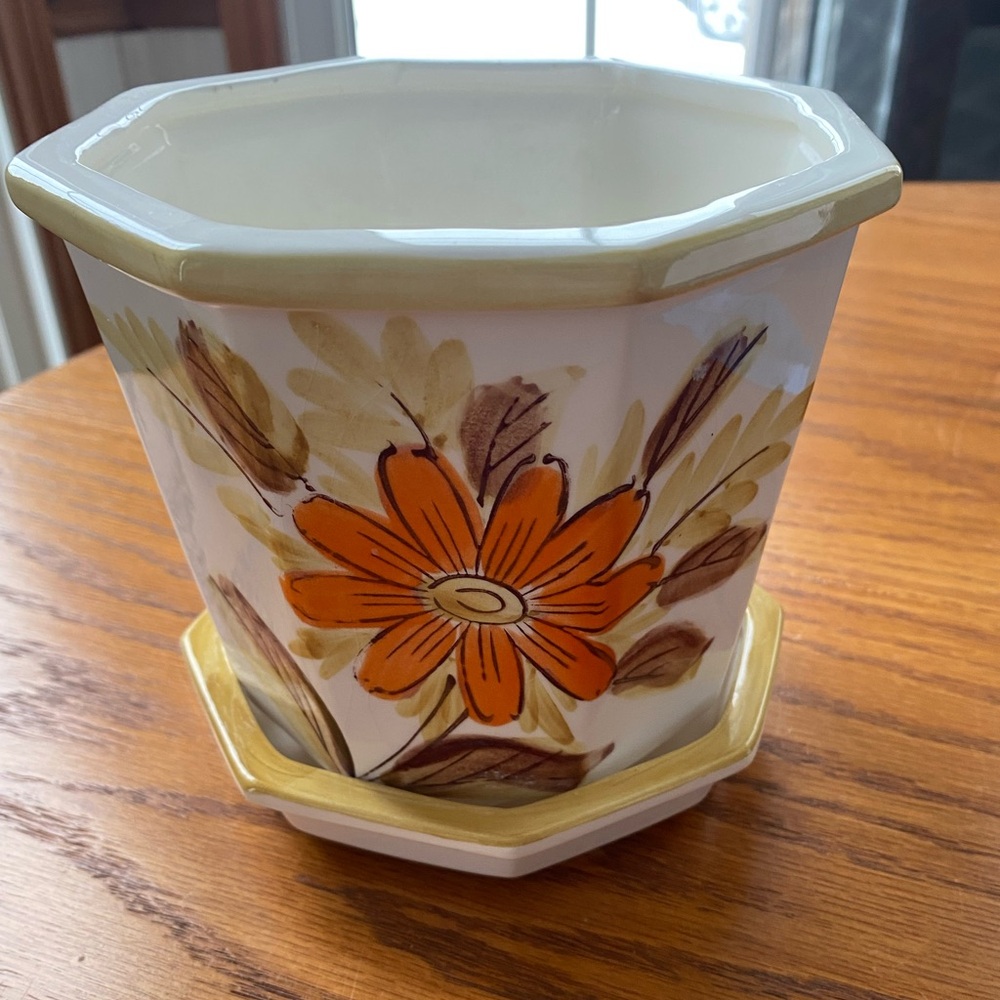 Vintage 1970s Ceramic Floral Footed Planter Hexagon Shape 5 1/4 inches H 5 1/4 D